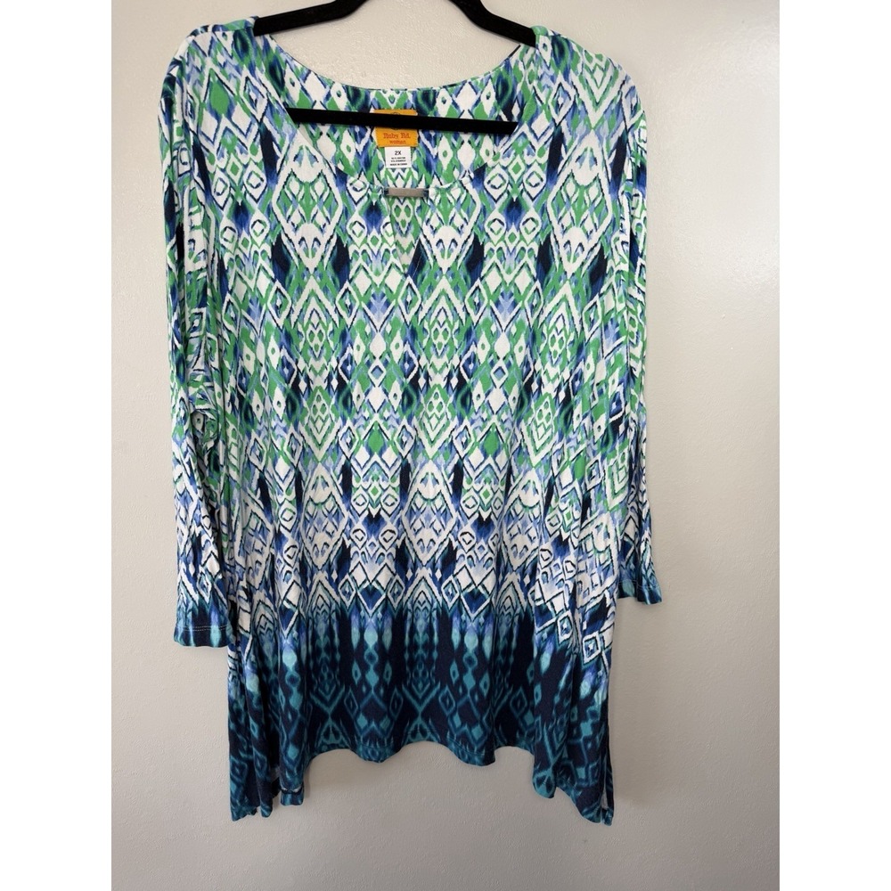 Ruby Rd Plus Size Green Blue Multiprint‎ Pullover W Silver Neck Accent Size 2X